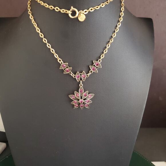 Caroline Necklace Gold Tone Purple Rhinestones in Black Art Deco Style Signed - Picture 2 of 9